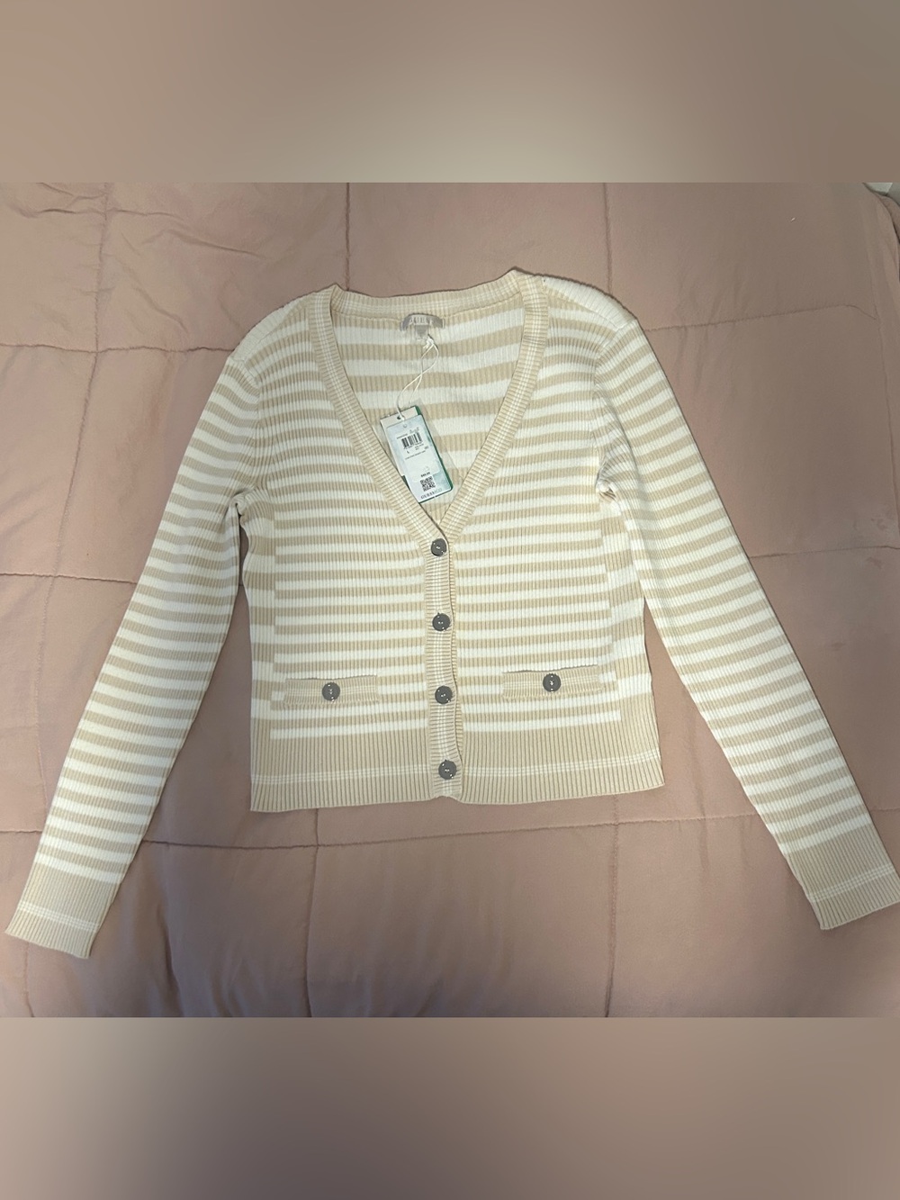 Guess Striped V-Neck Cardigan Sweater - Cream/White